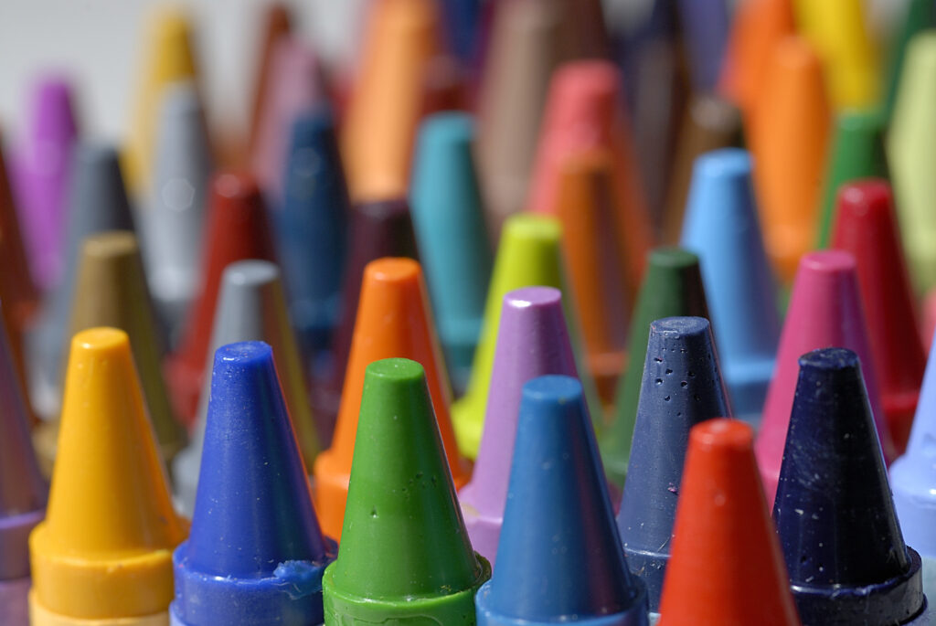 A close-up shot of vibrantly colored crayons made with soybean oil.